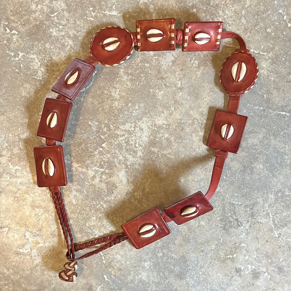 Vintage Tribal Cowrie Shells Cognac 100% Genuine Leather Toggle Closure Belt